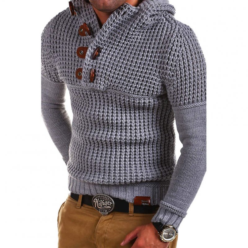 Men's Autumn Casual Long Sleeve Slim Solid Color V-neck Bottoming Shirt Sweater Horn Button Sweater Top Light gray_L