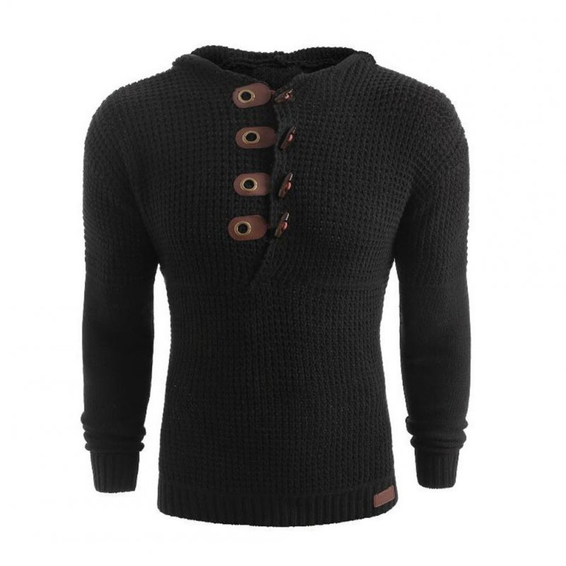 Men's Autumn Casual Long Sleeve Slim Solid Color V-neck Bottoming Shirt Sweater Horn Button Sweater Top black_XL