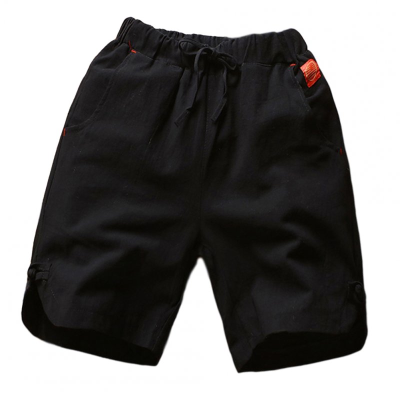 Men's Beach Pants Summer Cotton and Linen Solid Color Casual Fifth Pants Black _XL