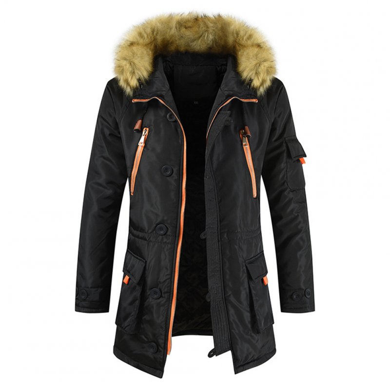 Men's  Coat  Long  Velvet  Fur Collar    Mid-length     Zipper    Padded  Jacket Black_M