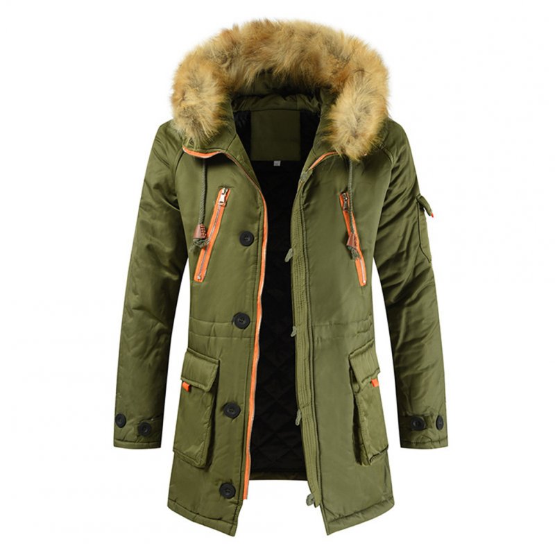 Men's  Coat  Long  Velvet  Fur Collar    Mid-length     Zipper    Padded  Jacket olive green_XL