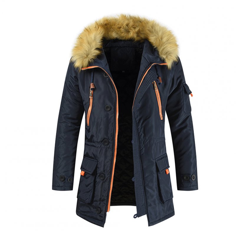 Men's  Coat  Long  Velvet  Fur Collar    Mid-length     Zipper    Padded  Jacket Navy _M