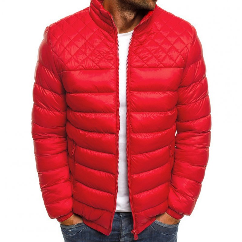 Men's Cotton Padded Clothes Chest Diamond-pattern Zipper Stitching Coat Red _M