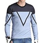 Men s Fashion Slim Long Sleeve Colorblock T shirt Blue White XL equal to American M