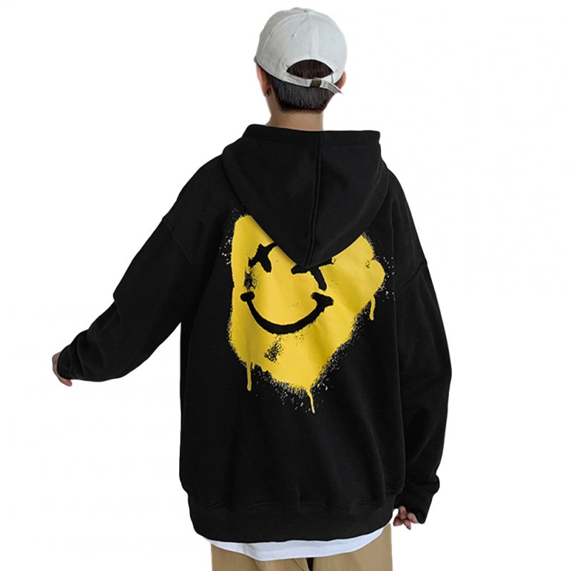 Men's Hoodie Autumn Smile-face Printing All-match Long-sleeve Hooded Sweater Black _L