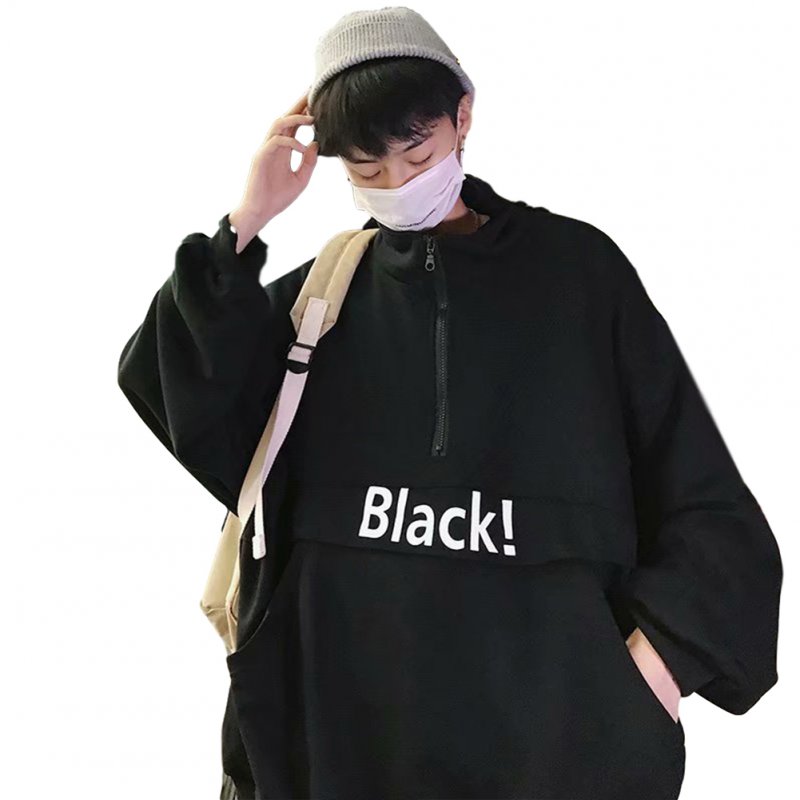 Men's Hoodie Autumn and Winter Loose Pullover Letter Printing Jacket Black _L