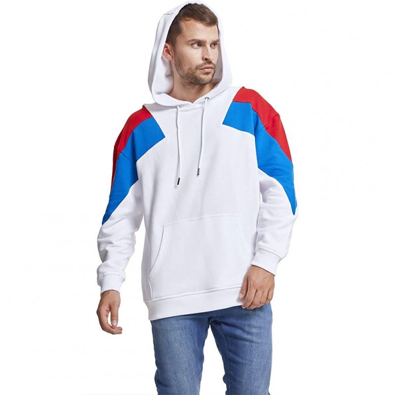 Men's Hoodies Color Matching Solid Color Crew-neck Pullover Hooded Sweater White _L