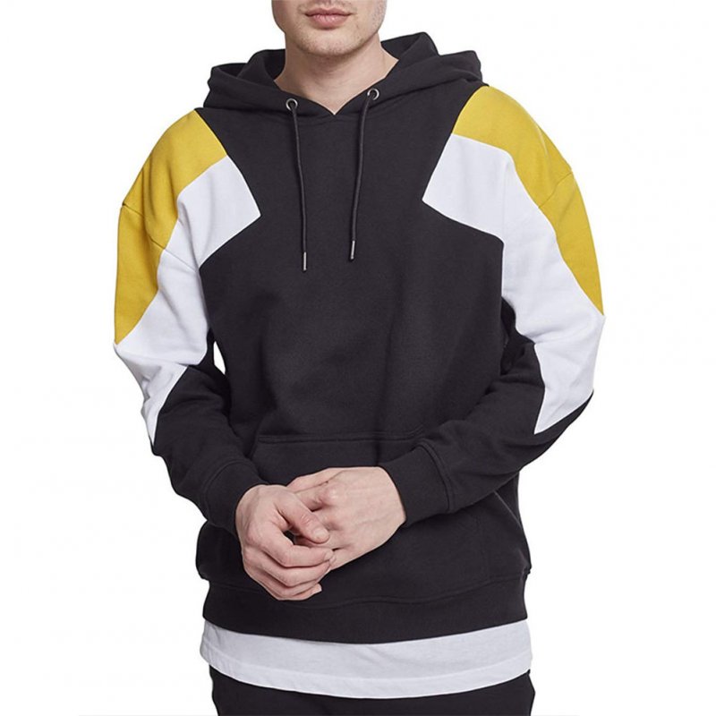 Men's Hoodies Color Matching Solid Color Crew-neck Pullover Hooded Sweater Black _XL