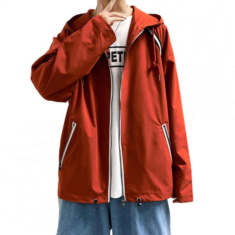 Men's Jacket Autumn Loose Solid Color Large Size Hooded Cardigan Orange_M