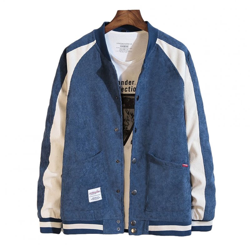 Men's Jacket Autumn Plus Size Corduroy Stand Collar Baseball Uniform Blue _L