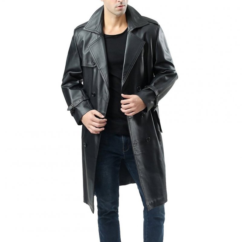 Men's Jacket Autumn and Winter Windbreaker over the Knee  Large Size Casual Leather Jacket Black _M