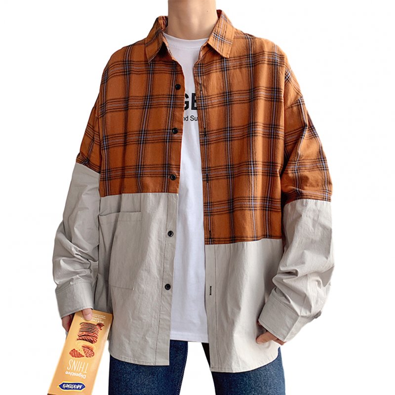 Men's Leisure Shirt Plaid Stitching Plus Size  Loose Casual Long-sleeved Shirt Brown _L