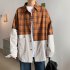 Men s Leisure Shirt Plaid Stitching Plus Size  Loose Casual Long sleeved Shirt Brown  XXL