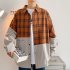 Men s Leisure Shirt Plaid Stitching Plus Size  Loose Casual Long sleeved Shirt Brown  XL