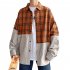 Men s Leisure Shirt Plaid Stitching Plus Size  Loose Casual Long sleeved Shirt Brown  XL
