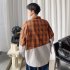 Men s Leisure Shirt Plaid Stitching Plus Size  Loose Casual Long sleeved Shirt Brown  L