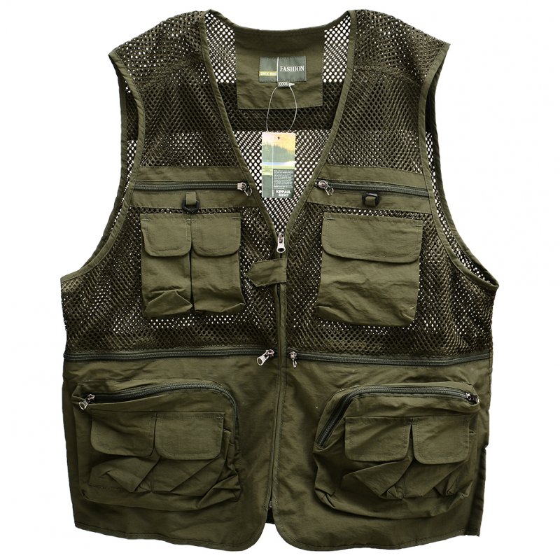 Men's Outdoor Sports Photography Fishing Multi Pocket Zipper Casual Loose Mesh Vest Army green_XXXXL