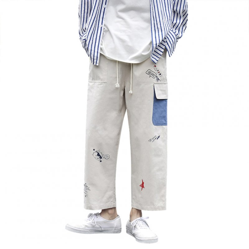Men's Overalls Summer Loose Printing Straight Ankle-length Trousers Beige _XXL