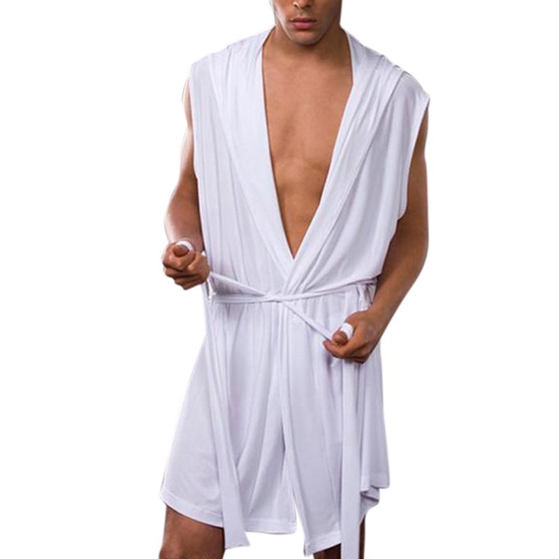Men's Sexy Casual Night-Robe Sleeveless Sleepwear Hooded Ultra-Thin Pajama white_S