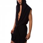 Men's Sexy Casual Night-Robe Sleeveless Sleepwear Hooded Ultra-Thin Pajama black_S