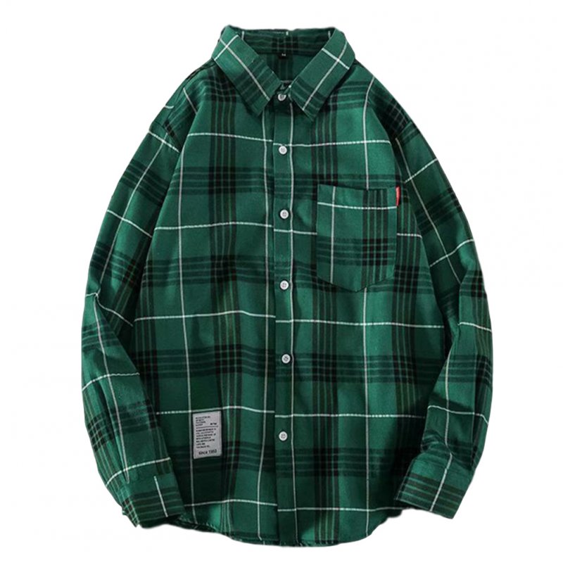 Men's Shirt Casual Long-sleeved Lapel Plaid Pattern Slim Shirt Green _XXL