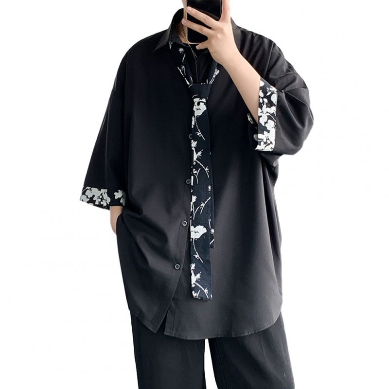 Men's Shirt Long-sleeve Lapel Loose Casual Floral Shirt with Tie Black _L