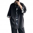 Men s Shirt Long sleeve Lapel Loose Casual Floral Shirt with Tie Black XXL