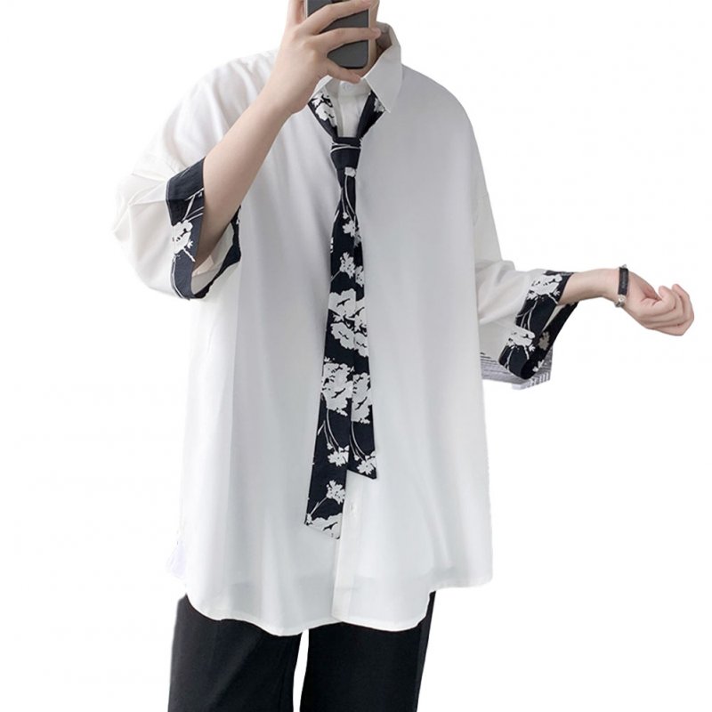 Men's Shirt Long-sleeve Lapel Loose Casual Floral Shirt with Tie White_XXXL