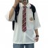 Men s Shirt Summer All match Loose Short sleeve Uniform Shirts with Tie White  L