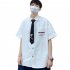 Men s Shirt Summer Daisy Pattern Loose Short sleeve Uniform Shirts with Tie White  XL