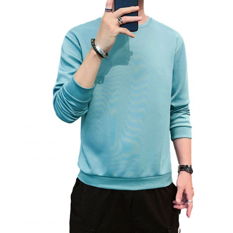 Men's Sweatshirt Round Neck Long-sleeved Solid Color Bottoming Shirt Lake blue_XXL