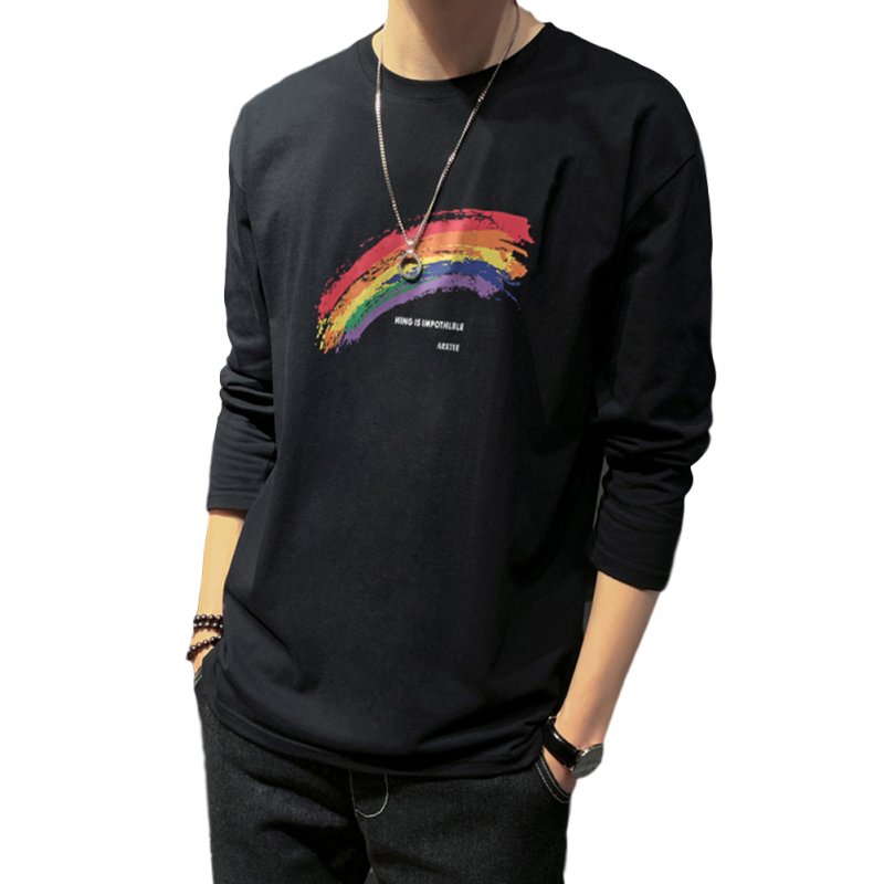 Men's T-shirt Autumn Long-sleeve Thin Loose Rainbow-printing Bottoming Shirt black_3XL