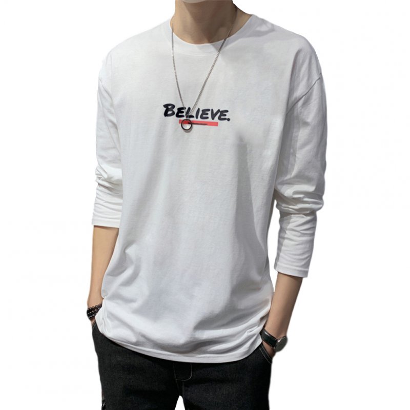 Men's T-shirt Autumn Long-sleeve Thin Type Loose Letter Printing Bottoming Shirt white_M