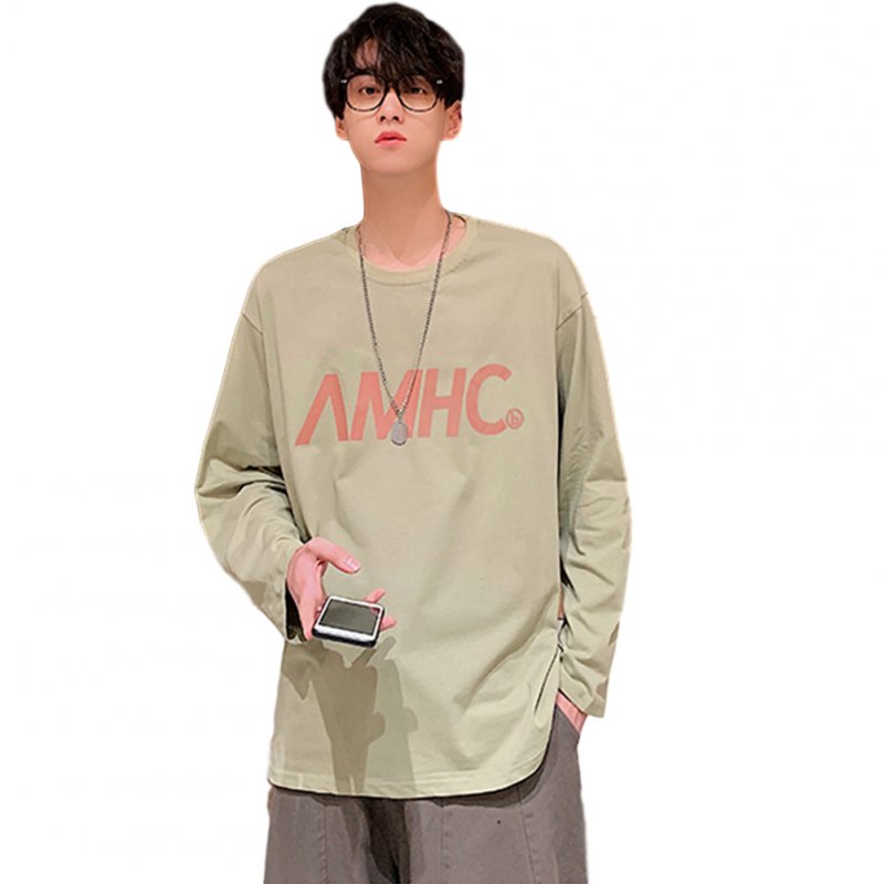 Men's T-shirt Spring and Autumn Long-sleeve Letter Printing Crew- Neck All-match Bottoming Shirt Green_L