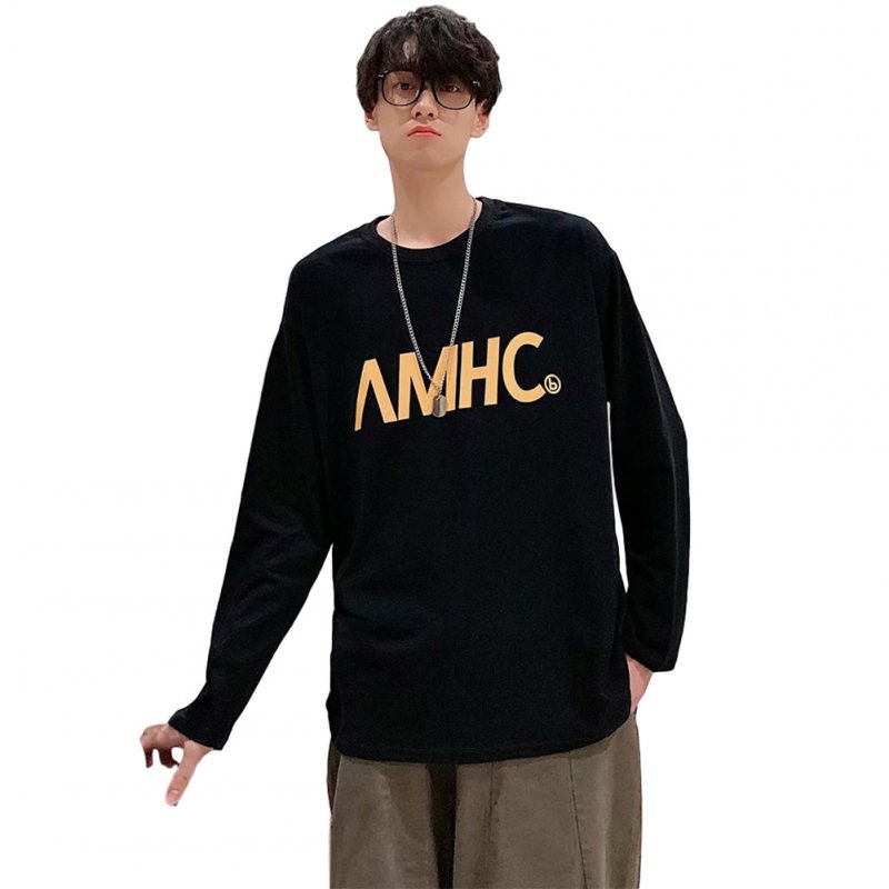 Men's T-shirt Spring and Autumn Long-sleeve Letter Printing Crew- Neck All-match Bottoming Shirt Black _M