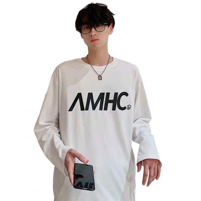 Men's T-shirt Spring and Autumn Long-sleeve Letter Printing Crew- Neck All-match Bottoming Shirt White _XXL