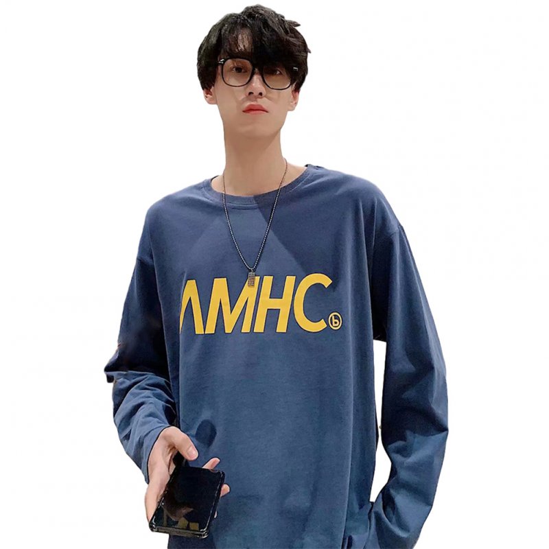 Men's T-shirt Spring and Autumn Long-sleeve Letter Printing Crew- Neck All-match Bottoming Shirt Blue _XL