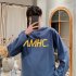 Men s T shirt Spring and Autumn Long sleeve Letter Printing Crew  Neck All match Bottoming Shirt Blue  L