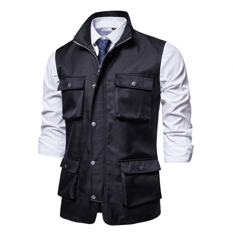 Men's Vest Autumn and Winter Casual Multi-pocket Solid Color Vest Black _XL