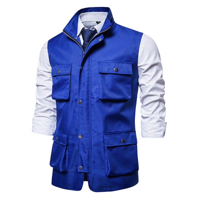 Men's Vest Autumn and Winter Casual Multi-pocket Solid Color Vest Blue_XL