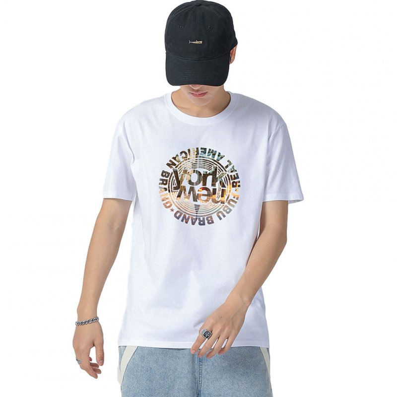 Men's and Women's T-shirt Short-sleeve Summer Retro Style Loose Letter Printing Casual Top White _XL