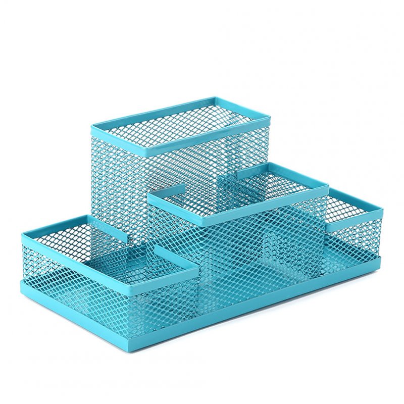 Mesh Desk Organizer Desktop Pen Holder 4 Compartments Metal Stationary Organizer Desk Caddy For Office Home blue