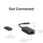 Metal 2-in-1 Type C Usb To 2500m Gigabit Lan Ethernet Cable  Adapter Portable Connector Black