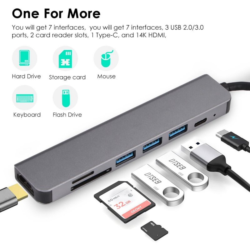Metal 7-in-1  Usb  Hub Type-c Usb 3.0 To Usb-c 4k Hdmi-compatible Adapter Hub Adapter Base Silver