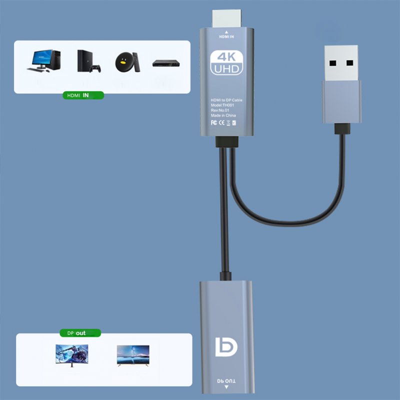 Metal Hdmi-compatible To Dp Female + Usb Power Supply Line 8k 30hz Adapter  Cable Silver