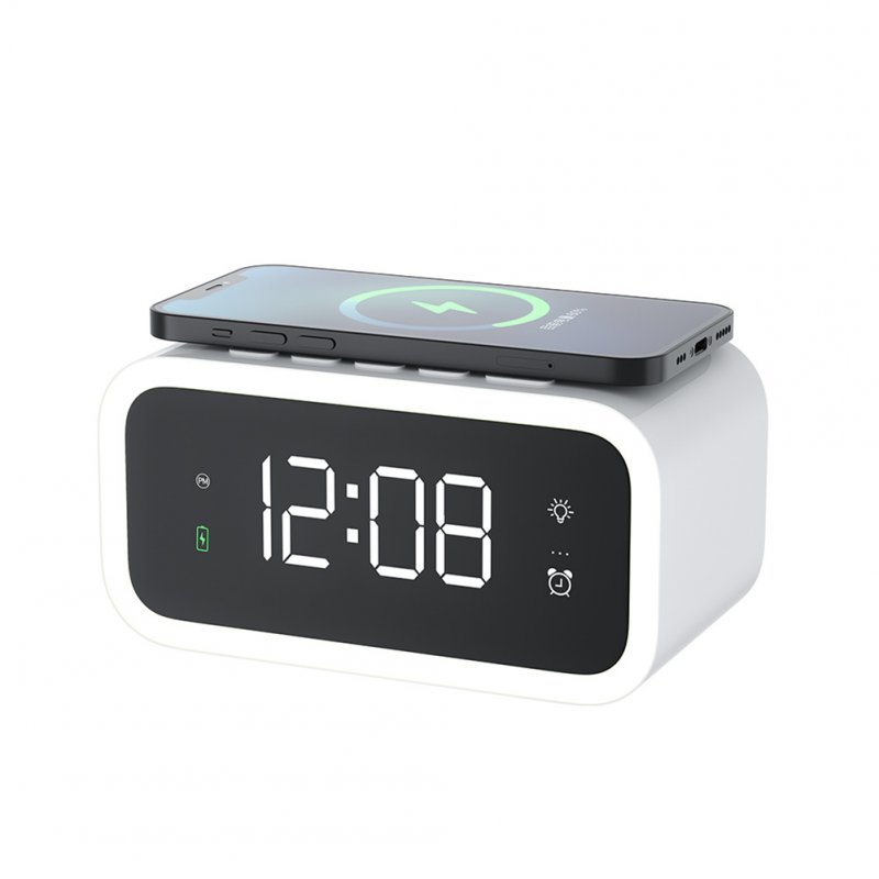 Mini Alarm Clock Wireless Charging 4 Modes Setting Cold Light/warm Light Night Light For Bedroom White