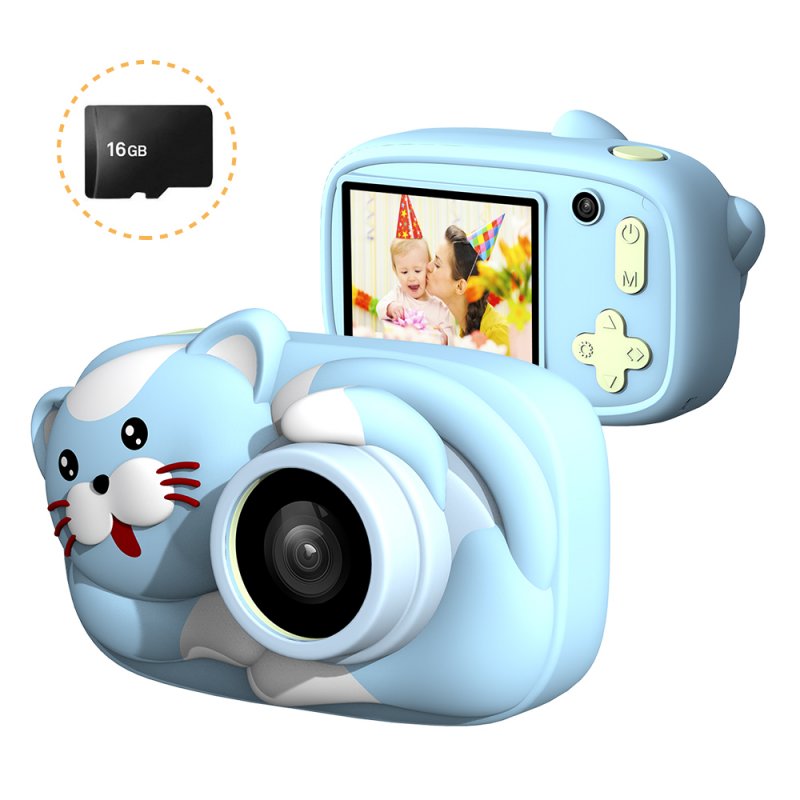 Mini Cartoon Kids Digital Camera 26MP 1080P Video Camera Camcorder 2.4 Inch IPS Screen Dual Camera Lens Shockproof for Children Sky blue cat