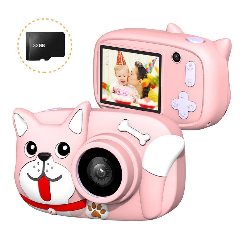 Mini Cartoon Kids Digital Camera 26MP 1080P Video Camera Camcorder 2.4 Inch IPS Screen Dual Camera Lens Shockproof for Children Misty Pink Dog