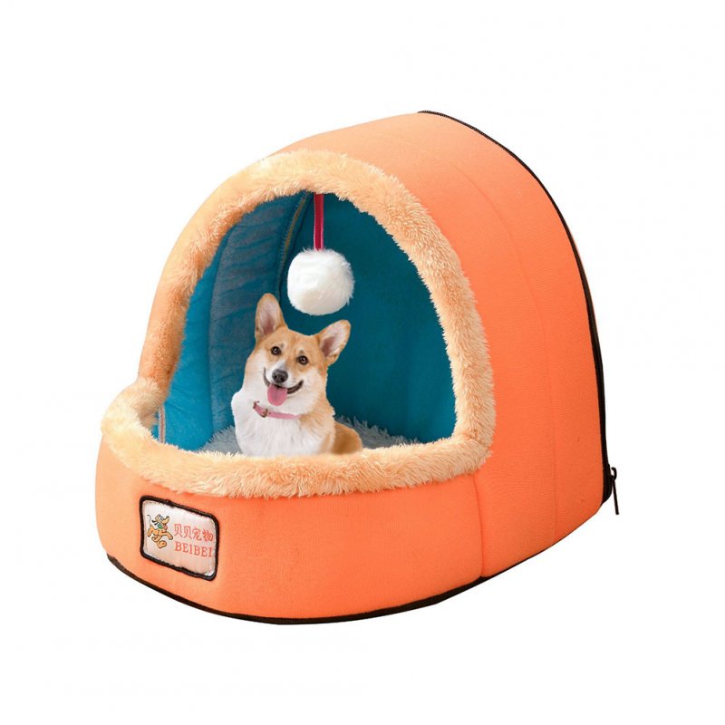 Mini Ger Shape Warm Pet Plush Nest Tent with Haning Ball for Cats Dogs Orange_M