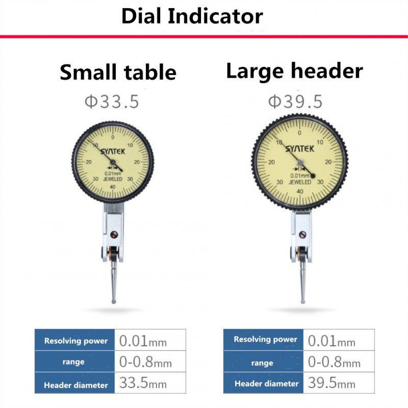 Mini Lever Indicator Analog Display Shockproof Dial Gauge Indicator Dial Micrometer Test Tool Dovetail Clamp Percent Large Meter Head (0.01mm)
